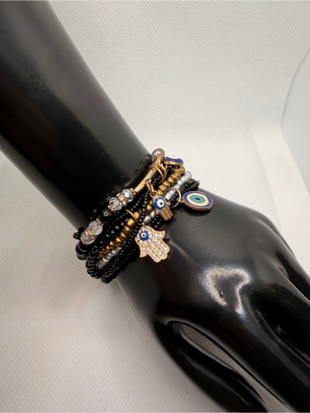 Boho Evil Eye & Hamsa Hand Multi-Layer Beaded Stretch Bracelet Set